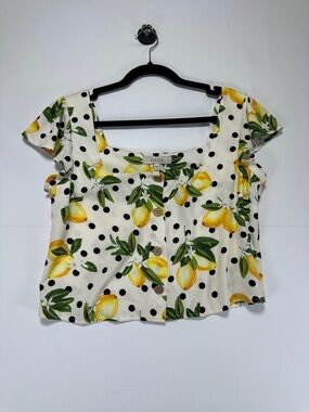 Oasis Lemon Print Crop Top Polka Dot Button Front Blouse Summer UK 10 US 6